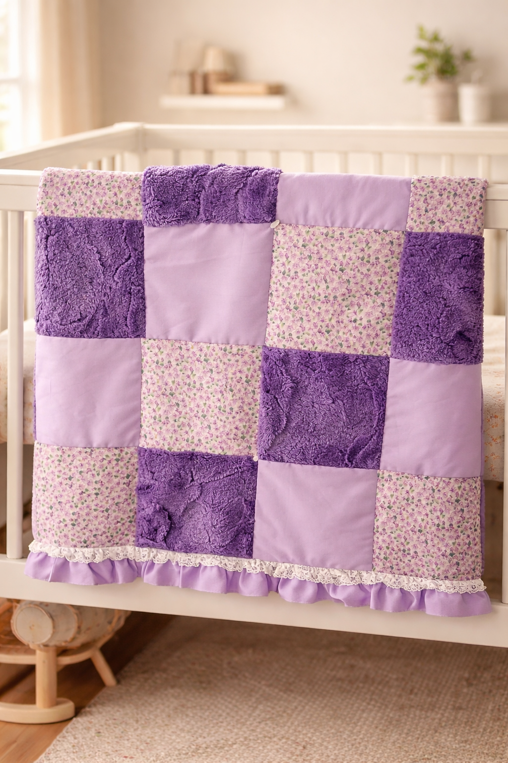 Handmade Baby Quilt - Purple Patchwork Cotton & Minky Blanket