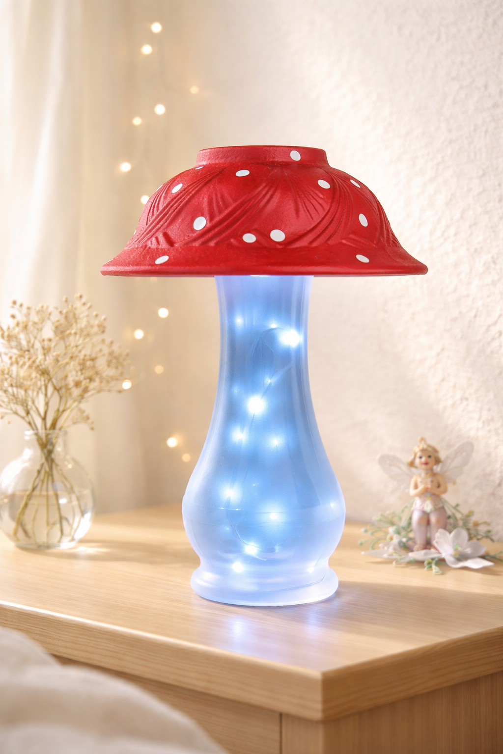 Upcycled Glass Mushroom Lamp with Fairy Lights - Red Whimsy