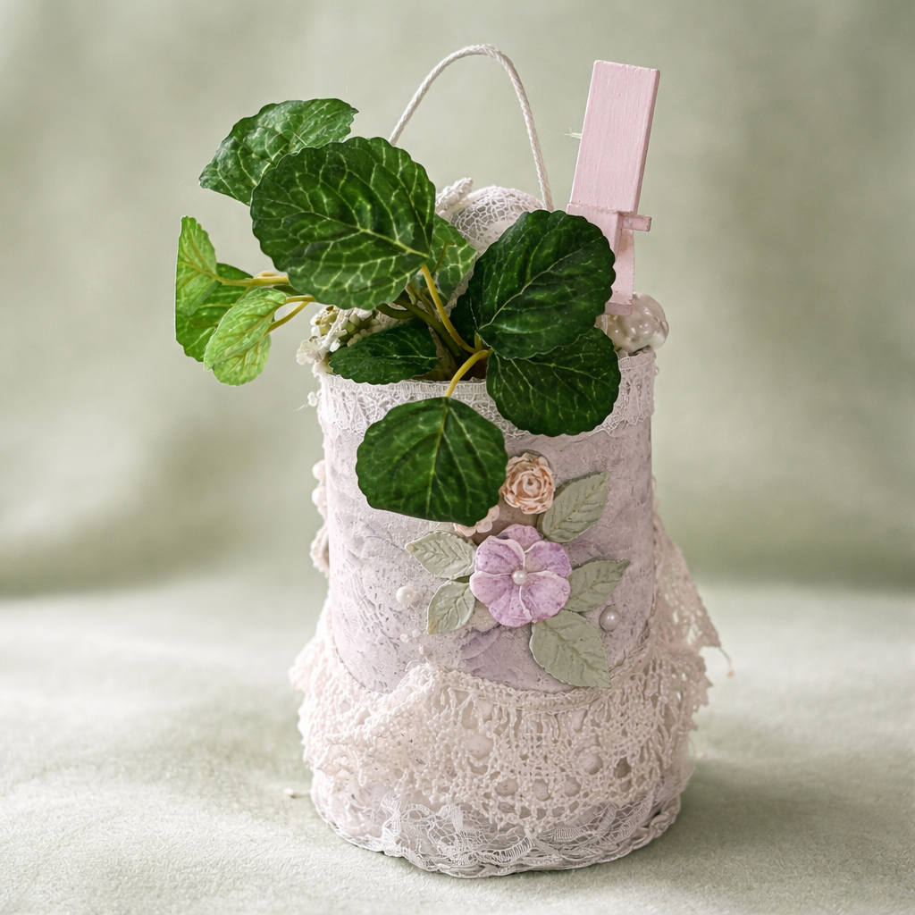 Shabby Chic Easter Tin Can - Lace Egg & Birdhouse with Flowers