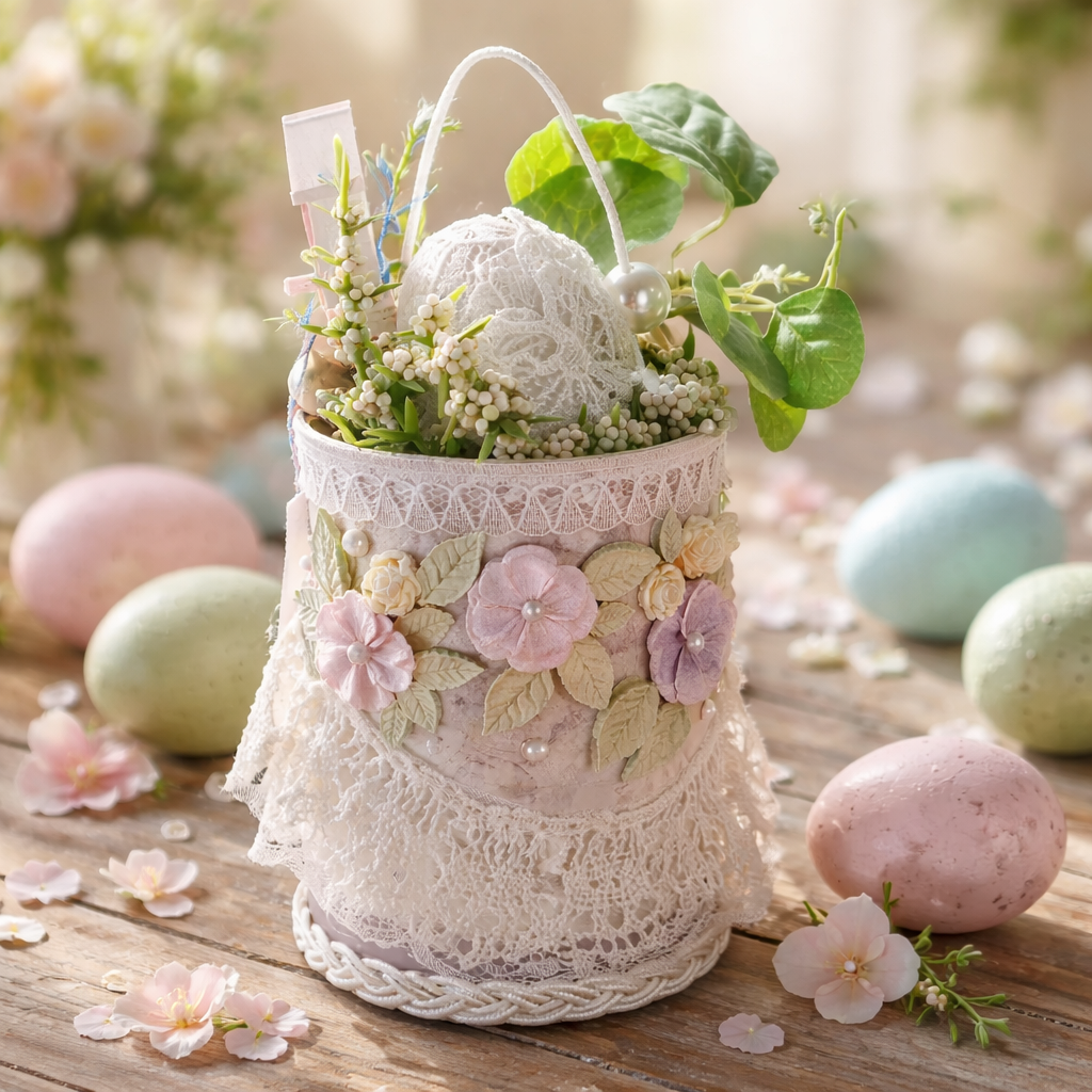 Shabby Chic Easter Tin Can - Lace Egg & Birdhouse with Flowers