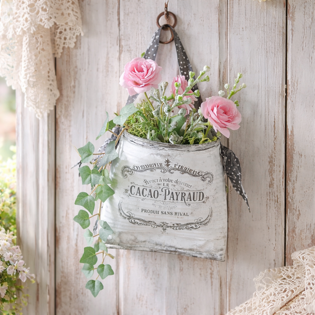 Shabby Chic Smashed Can - Pink Roses & Ivy with French Label