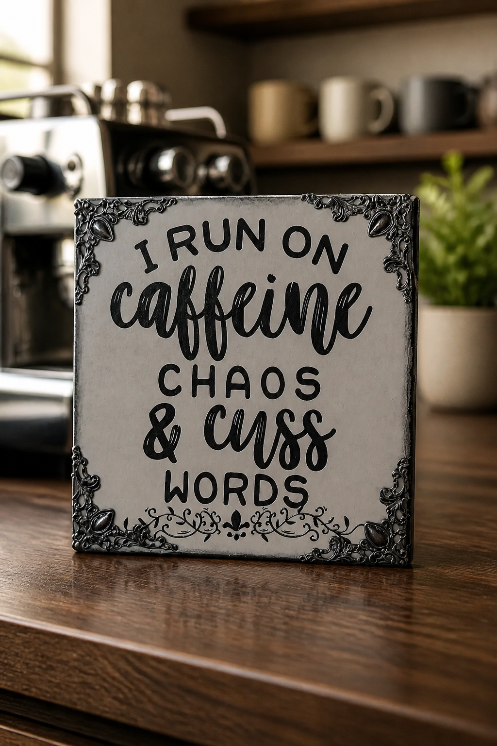 Upcycled Wood Shelf Sitter – "Caffeine, Chaos & Cuss Words" | Reclaimed Lumber Funny Sign