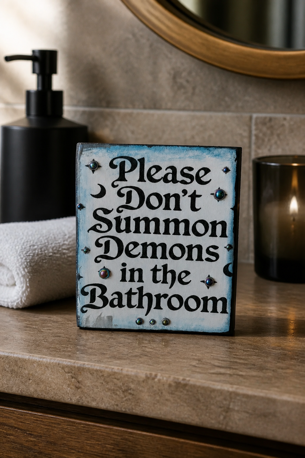 Upcycled Shelf Sitter – "Don't Summon Demons in Bathroom" | Reclaimed Wood Funny Decor